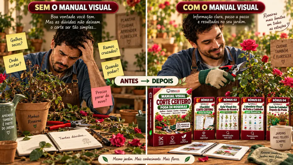 Pessoa observando uma roseira com poucas flores